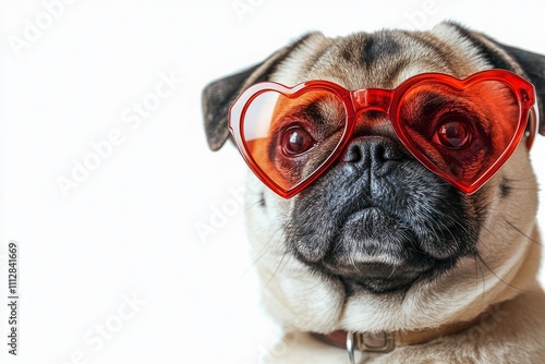 Cute pug wearing red heart shaped glasses in a light colored setting