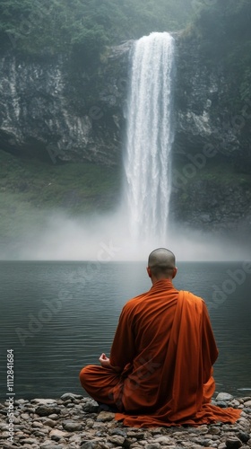Calm meditation by a serene waterfall in a tranquil natural setting