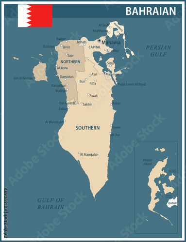 Bahrain Map Vector Vintage Dark Blue Beige - Customizable layered political map of Bahrain with administrative divisions for website, education, reports, news, politics, print, poster and wallpaper