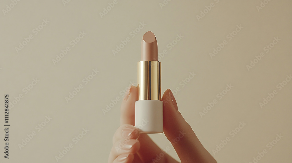 Elegant Nude Lipstick Held by a Hand Against a Soft Neutral Background