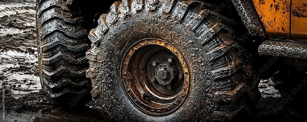 A view rugged car tires, emphasizing texture and detail. A view rugged car tires, emphasizing texture and detail.
