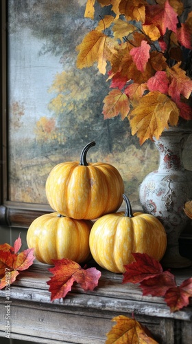 Colorful autumn display with pumpkins and vibrant leaves in a cozy setting