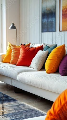 Colorful cushions enhance modern living room decor with vibrant hues