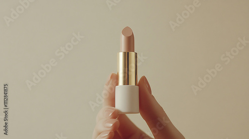 Elegant Nude Lipstick Held by a Hand Against a Soft Neutral Background