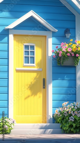 Charming yellow door on a bright blue house adorned with flowers and greenery