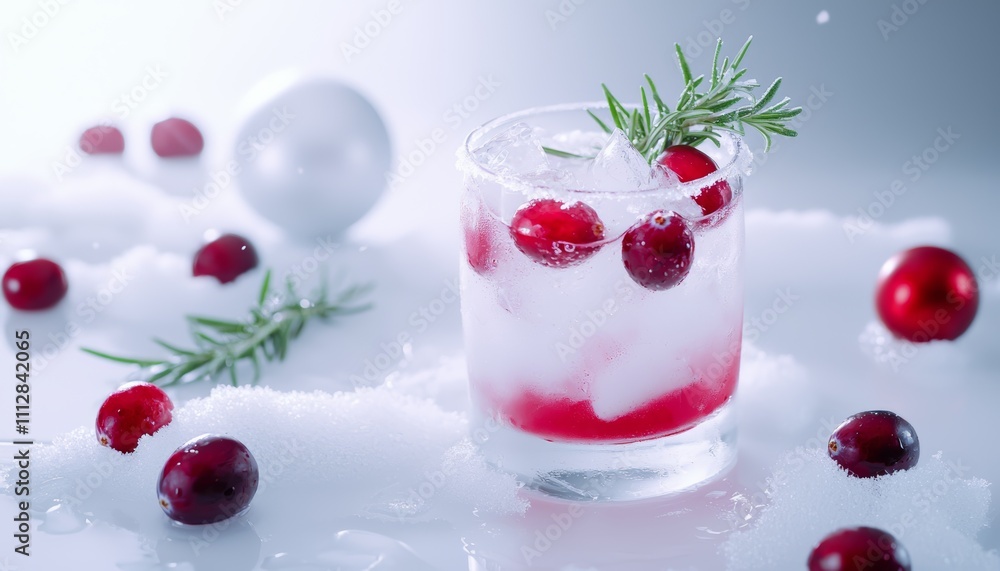 A cranberry and rosemary mocktail in a frosty glass, with a snowy table setup and Christmas props. A cranberry and rosemary mocktail in a frosty glass, with a snowy table setup and Christmas props.
