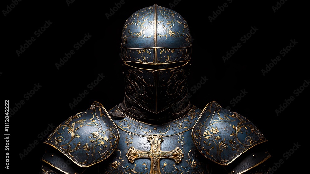 the holy knight armor of christ medieval armor with ornate decorations cross and floral motifs on black background the holy knight armor of christ medieval armor with ornate decorations cross and floral motifs on black background