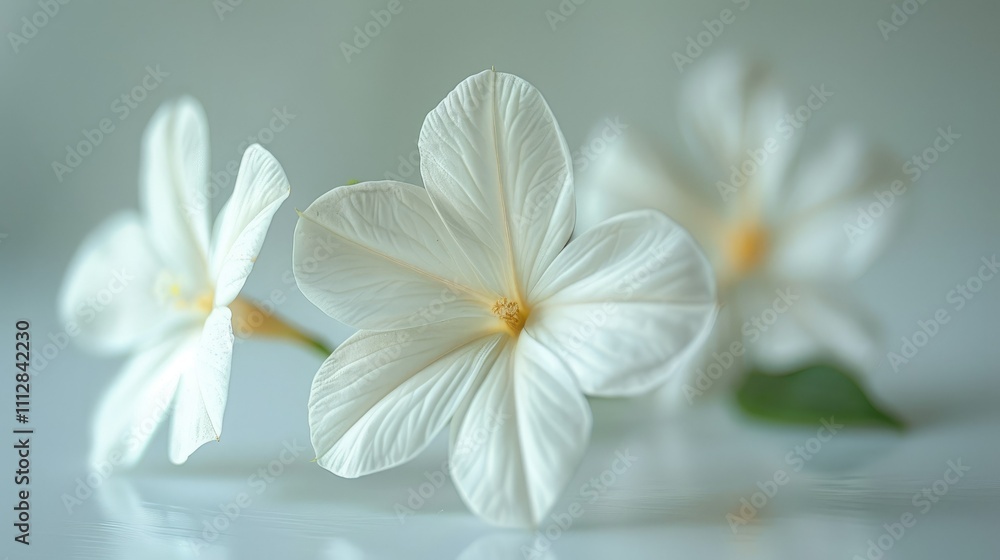 Three delicate white flowers with subtle yellow centers, softly lit against a light gray background. Three delicate white flowers with subtle yellow centers, softly lit against a light gray background.