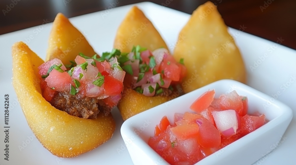 Crispy fried arepas filled with seasoned ground meat, topped with fresh salsa. Crispy fried arepas filled with seasoned ground meat, topped with fresh salsa.