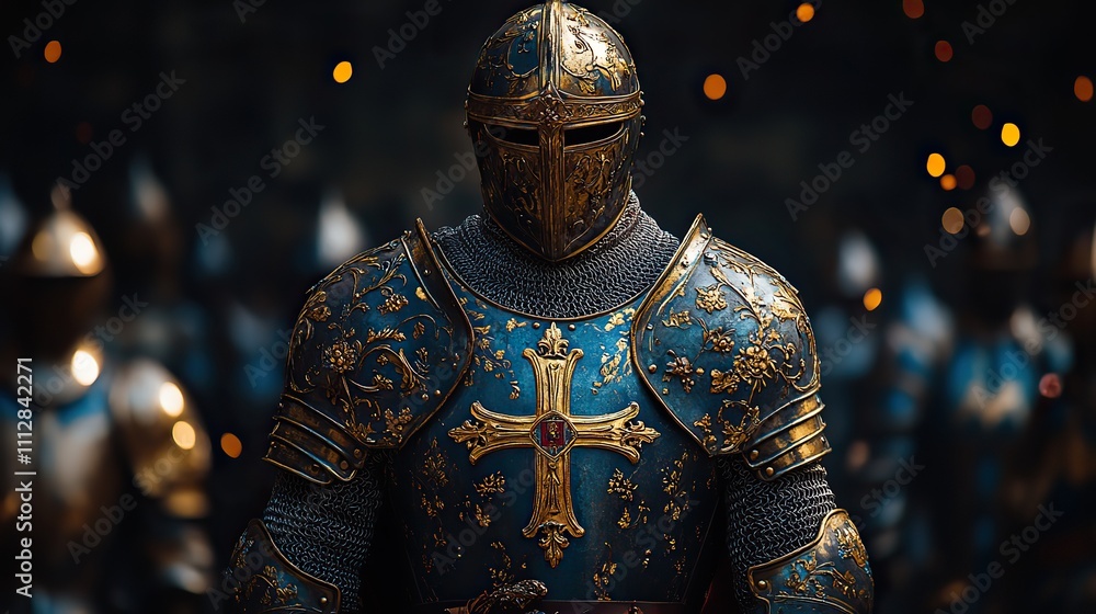 the holy knight armor of christ medieval armor with ornate decorations cross and floral motifs on black background the holy knight armor of christ medieval armor with ornate decorations cross and floral motifs on black background