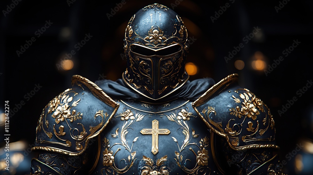 the holy knight armor of christ medieval armor with ornate decorations cross and floral motifs on black background