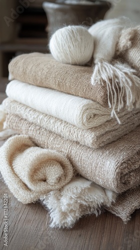 A collection of natural fiber yarns and textiles arranged on a wooden surface