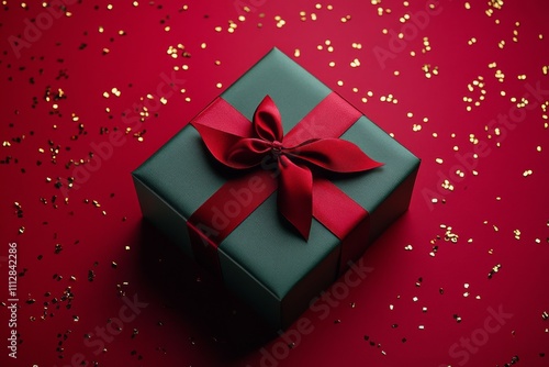 Festively wrapped gift box on a sparkling red background with glitter