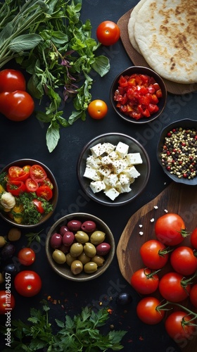 Fresh culinary spread featuring assorted vegetables, meats, and herbs on a ru...