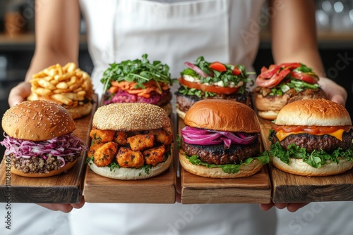 Delicious variety of gourmet burgers served on wooden platters at a trendy ea...