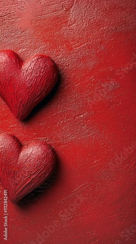 Red yarn hearts on a vibrant red background for creative decoration or gifts