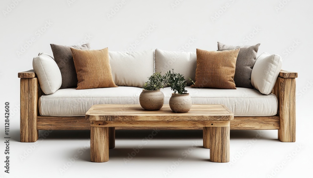 Fototapeta premium Modern wooden sofa with cushions and coffee table, minimalist interior design.