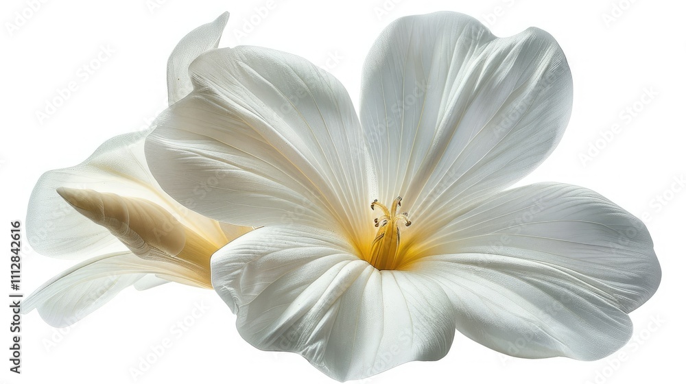 Fototapeta premium Two delicate white flowers with yellow center, isolated on white background.