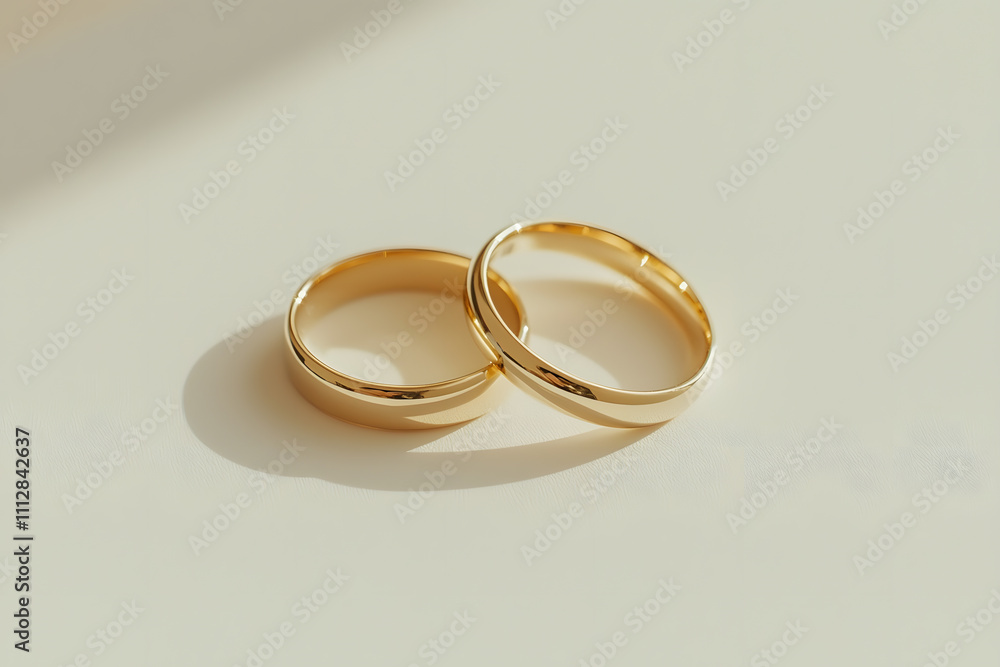 Two Gleaming Gold Wedding Bands Resting on a White Surface, Symbolising Love and Commitment Two Gleaming Gold Wedding Bands Resting on a White Surface, Symbolising Love and Commitment