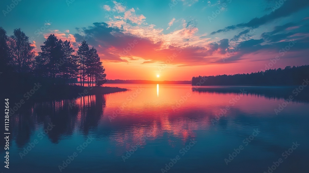 Vibrant sunset over a calm lake with silhouettes of trees Vibrant sunset over a calm lake with silhouettes of trees