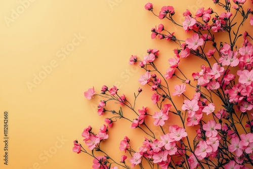 Cherry blossom branches in full bloom against a bright yellow background duri...