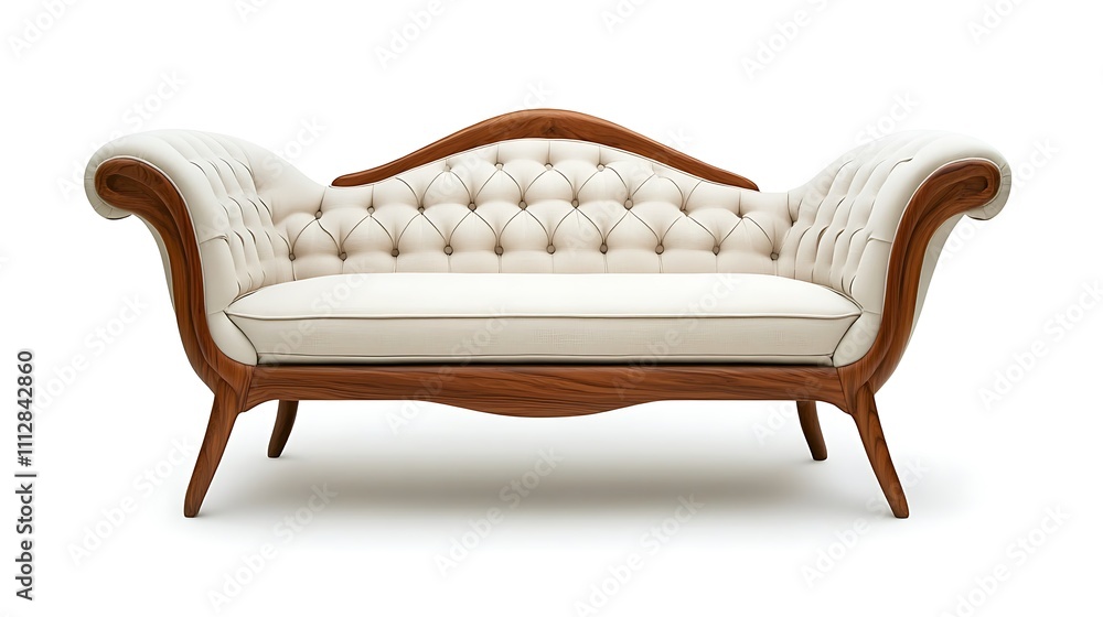 A white couch with wooden legs and a brown trim A white couch with wooden legs and a brown trim