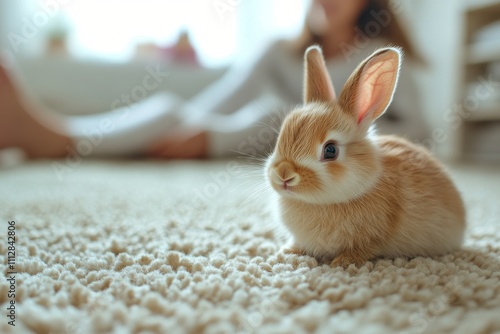 Cute fluffy rabbit resting on a soft carpet in a cozy indoor setting