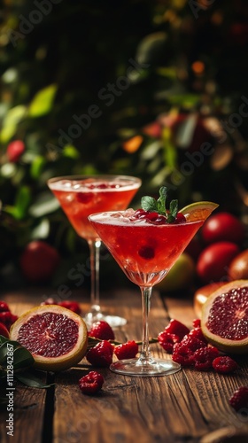 Refreshing cocktails served in elegant glasses with fresh fruits and herbs on...