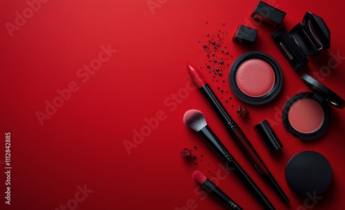 Red cosmetics laid out on a vibrant red background for beauty enthusiasts and...