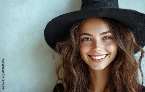 Smiling young woman with long hair and a large black hat posing against a lig...