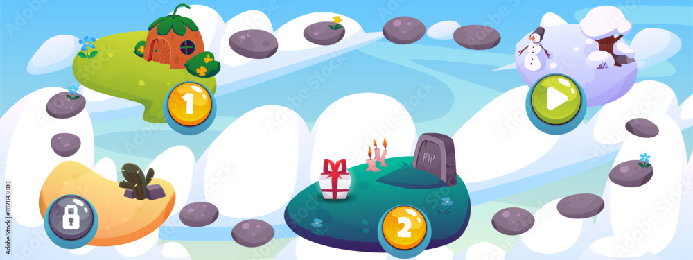 Obraz premium Vector Illustration of a level map with islands floating in the clouds and a stone road.