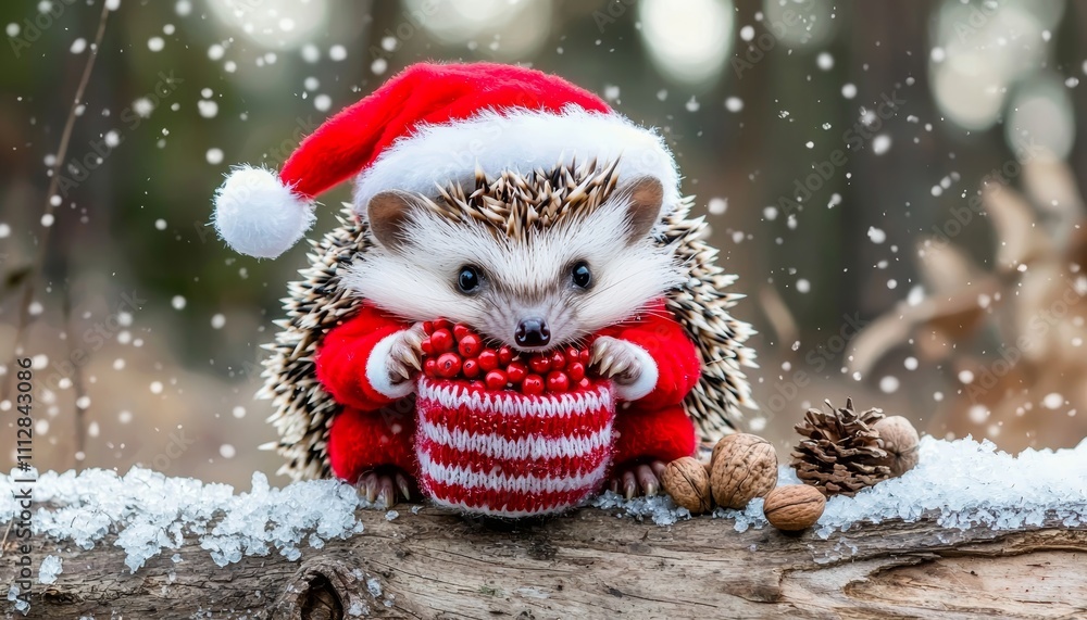 A hedgehog snuggled up in a Santa costume, holding a miniature stocking filled with berries and nuts, while sitting on a snow-dusted log in a wintry forest clearing. A hedgehog snuggled up in a Santa costume, holding a miniature stocking filled with berries and nuts, while sitting on a snow-dusted log in a wintry forest clearing.