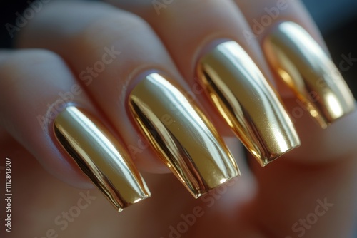 Beautiful gold manicure shining in natural light with elegant glossy finish