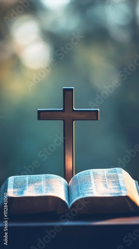 Reflection on faith with an open Bible and a wooden cross in soft natural light
