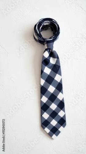 Classic navy and white checked tie displayed on a plain background for mens f...