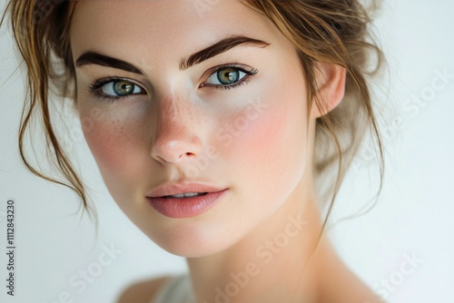 Close up of a woman with striking green eyes and natural makeup against a lig...