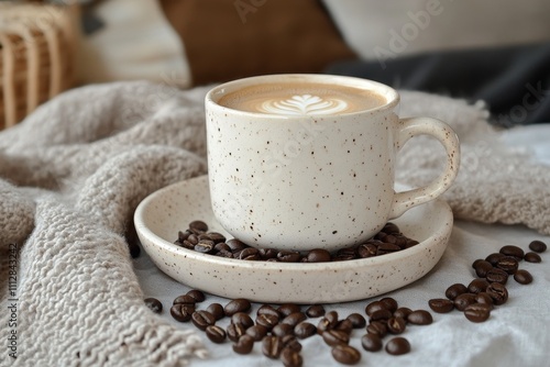 Warm coffee served in a textured white cup with saucer and coffee beans on a ...