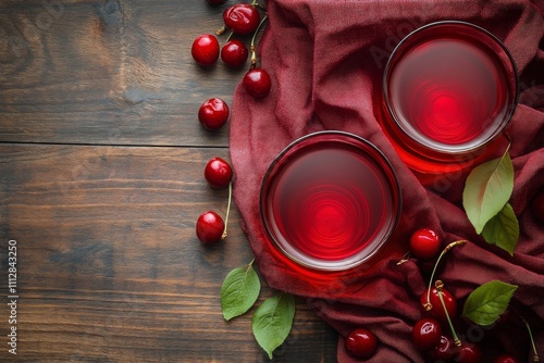 Refreshing cherry drinks served in glasses on rustic wooden table surrounded ...