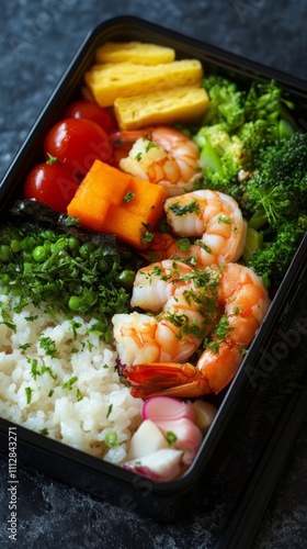 Delicious seafood bento box with shrimp, carrots, and broccoli on white rice