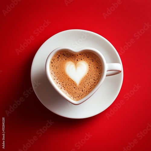 Coffee cup with heart shaped foam on bright red background creates warm and c...