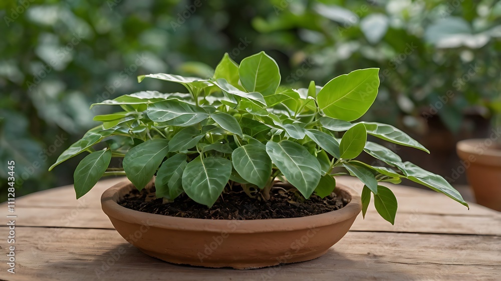 Lush green plant in a terracotta pot on a wooden table. Lush green plant in a terracotta pot on a wooden table.