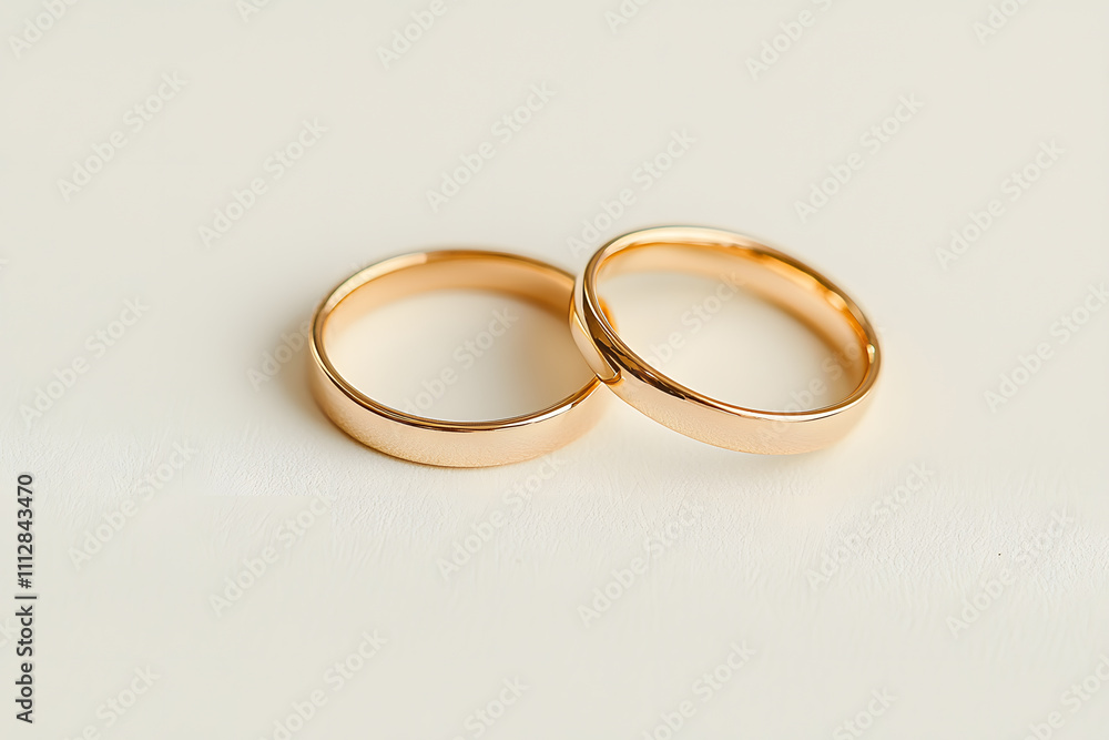 Two Gleaming Gold Wedding Bands Resting on a White Surface, Symbolising Love and Commitment Two Gleaming Gold Wedding Bands Resting on a White Surface, Symbolising Love and Commitment