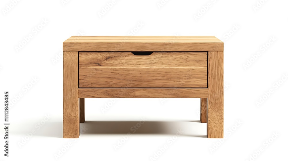 A wooden nightstand with a drawer sits on a white background A wooden nightstand with a drawer sits on a white background