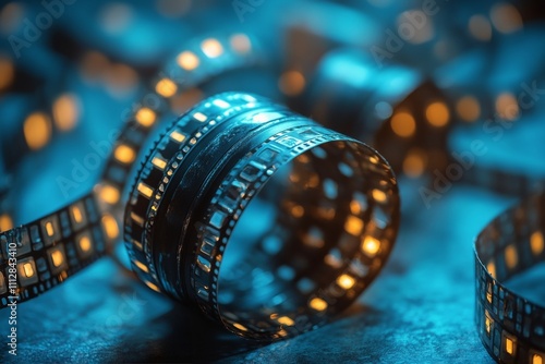 Film reels and light create an evocative atmosphere in a dark setting