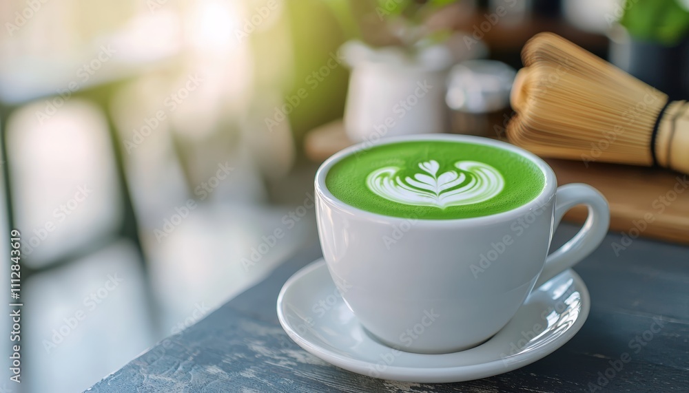 A matcha latte with its vibrant green color captured in sharp focus, served in a ceramic cup with a bamboo whisk in the background. A matcha latte with its vibrant green color captured in sharp focus, served in a ceramic cup with a bamboo whisk in the background.