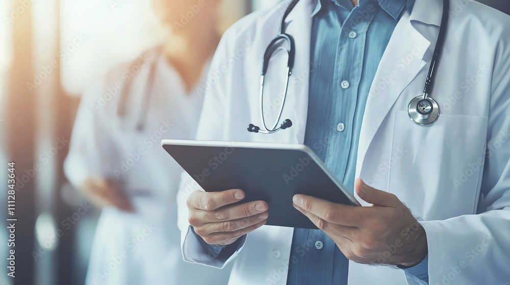 A doctor uses a tablet in a hospital setting. A doctor uses a tablet in a hospital setting.