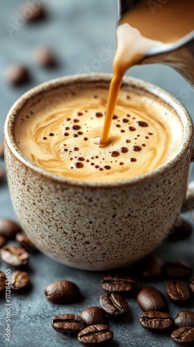 Coffee being poured into a speckled mug surrounded by roasted coffee beans