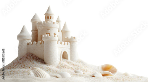 realistic sandcastle figurine with tiny seashells, placed on a seamless white background