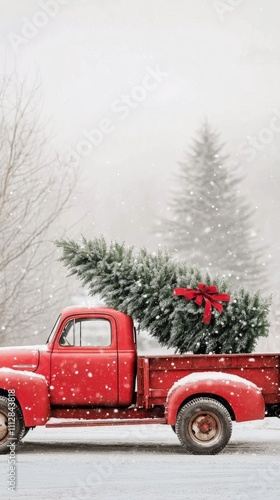 Vintage red truck transporting Christmas tree through snowy landscape in wint...