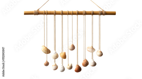 decorative wind chime made of bamboo and seashells, isolated on a plain white background photo